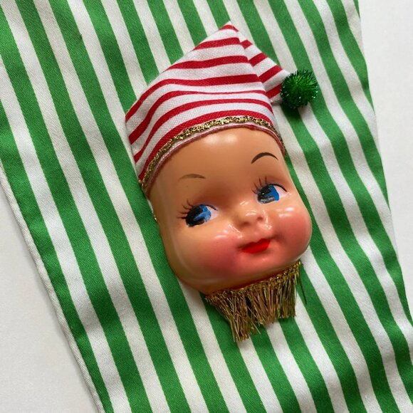 Christmas Stocking with Dolly Face Holiday Decor Xmas Vintage Handmade - Picture 3 of 5